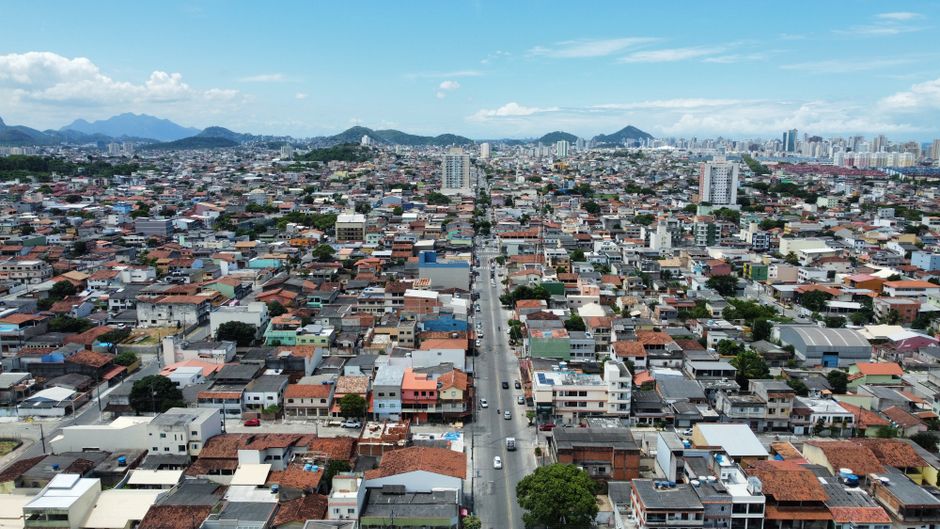 Aerial shot showcasing vibrant rooftops and streets in Vila Velha, Brazil.