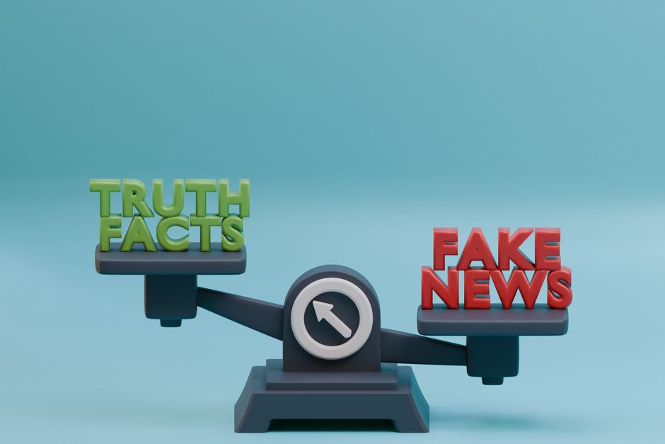 3D illustration of a scale balancing truth and fake news concept against a blue background.