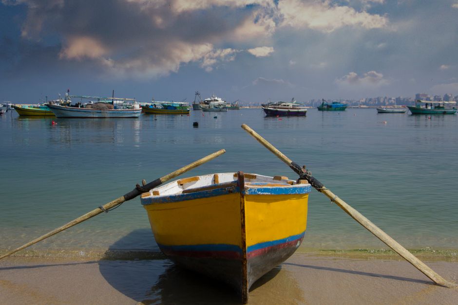 Rowboat with oars on a tranquil Alexandria beach, Egypt's skyline visible in the distance.