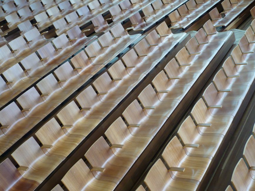Rows of wooden seats in a modern, empty auditorium showing an elegant interior design.