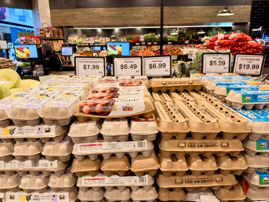 Variety of eggs for sale in a supermarket in Tarneit, Victoria, Australia.